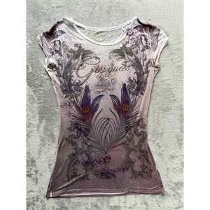 Vintage Y2K Guess Burnout Tshirt Top Large Thin Sheer Stretchy Rhinestone Tattoo